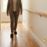 Safe home hallway with grab bars and clear pathway for person with neuropathy fall prevention
