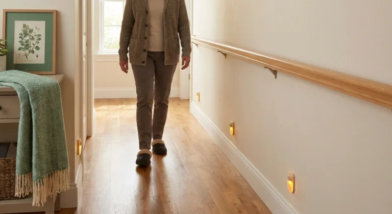 Safe home hallway with grab bars and clear pathway for person with neuropathy fall prevention