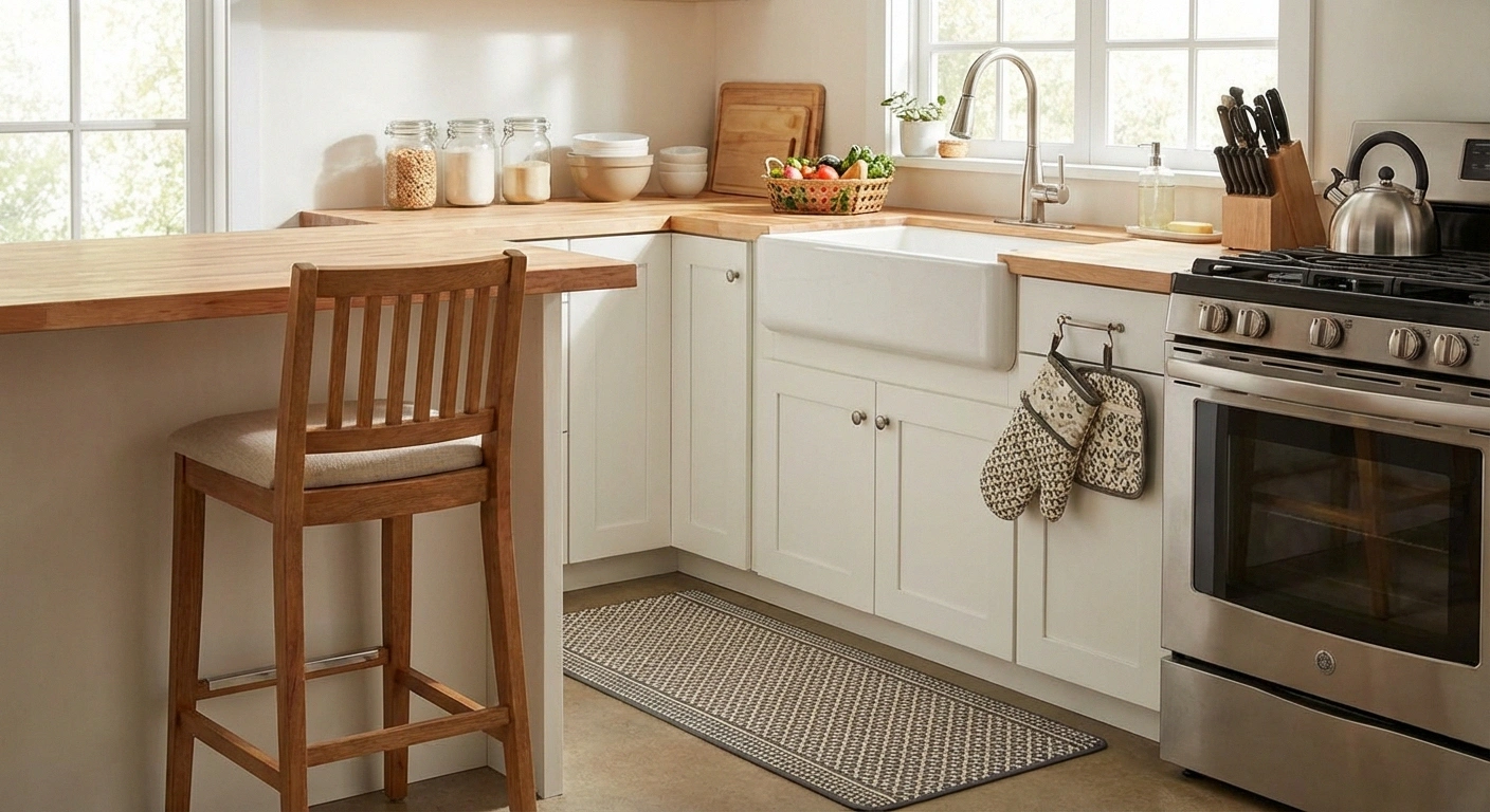 Kitchen safety setup for neuropathy including counter stool for seated cooking and non-slip mats