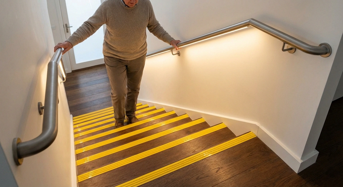 Staircase with double handrails and contrasting step edge strips for neuropathy fall prevention