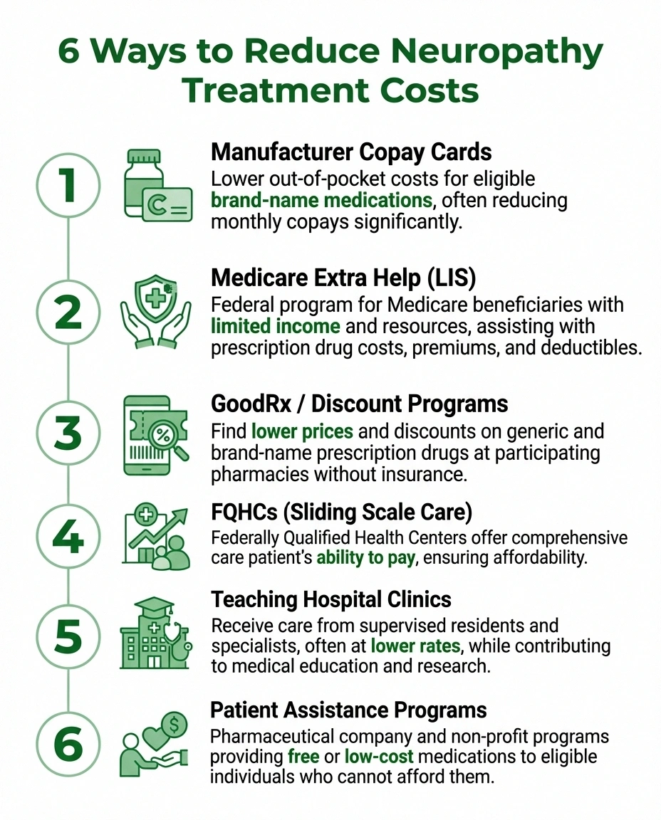 Infographic showing six ways to reduce neuropathy treatment costs when insurance falls short