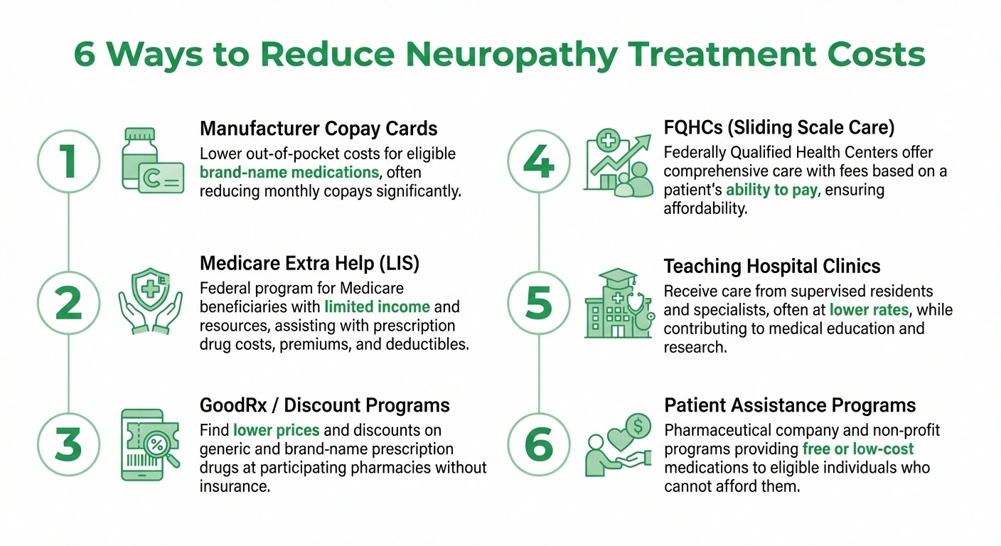 Infographic showing six ways to reduce neuropathy treatment costs when insurance falls short