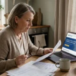 Neuropathy patient reviewing insurance coverage documents and Medicare information at home