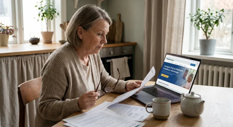 Neuropathy patient reviewing insurance coverage documents and Medicare information at home
