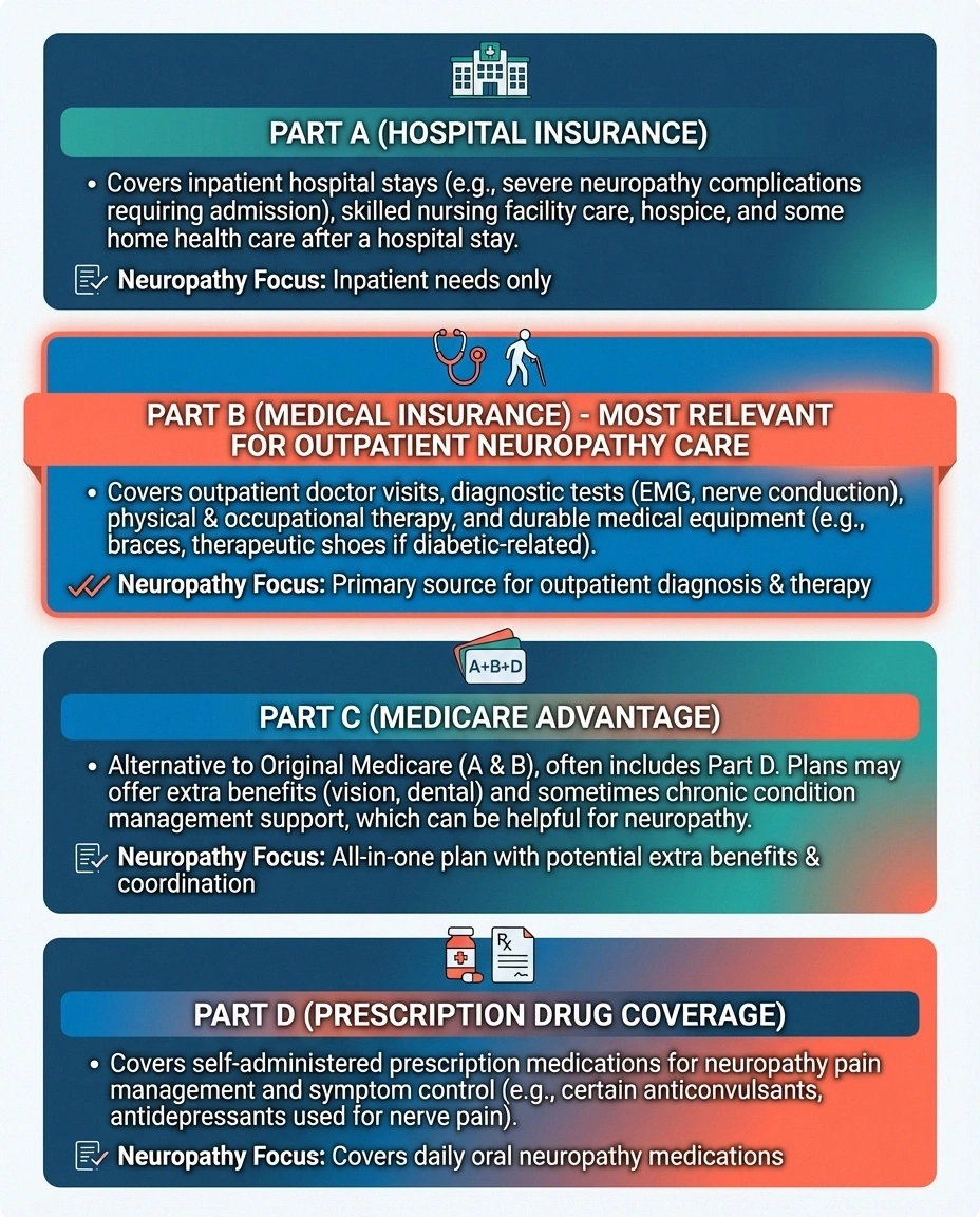 Infographic explaining Medicare Parts A B C D coverage for peripheral neuropathy treatment