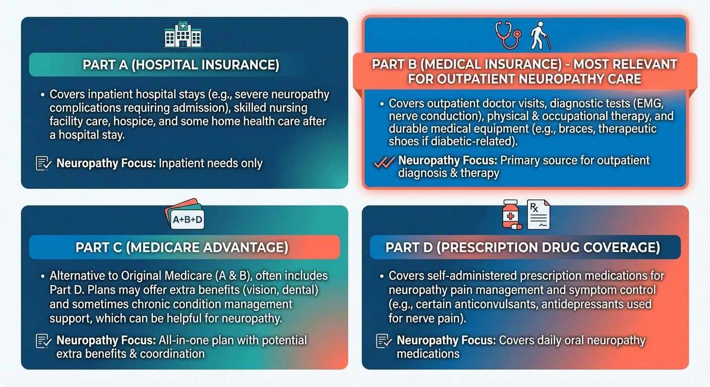 Infographic explaining Medicare Parts A B C D coverage for peripheral neuropathy treatment