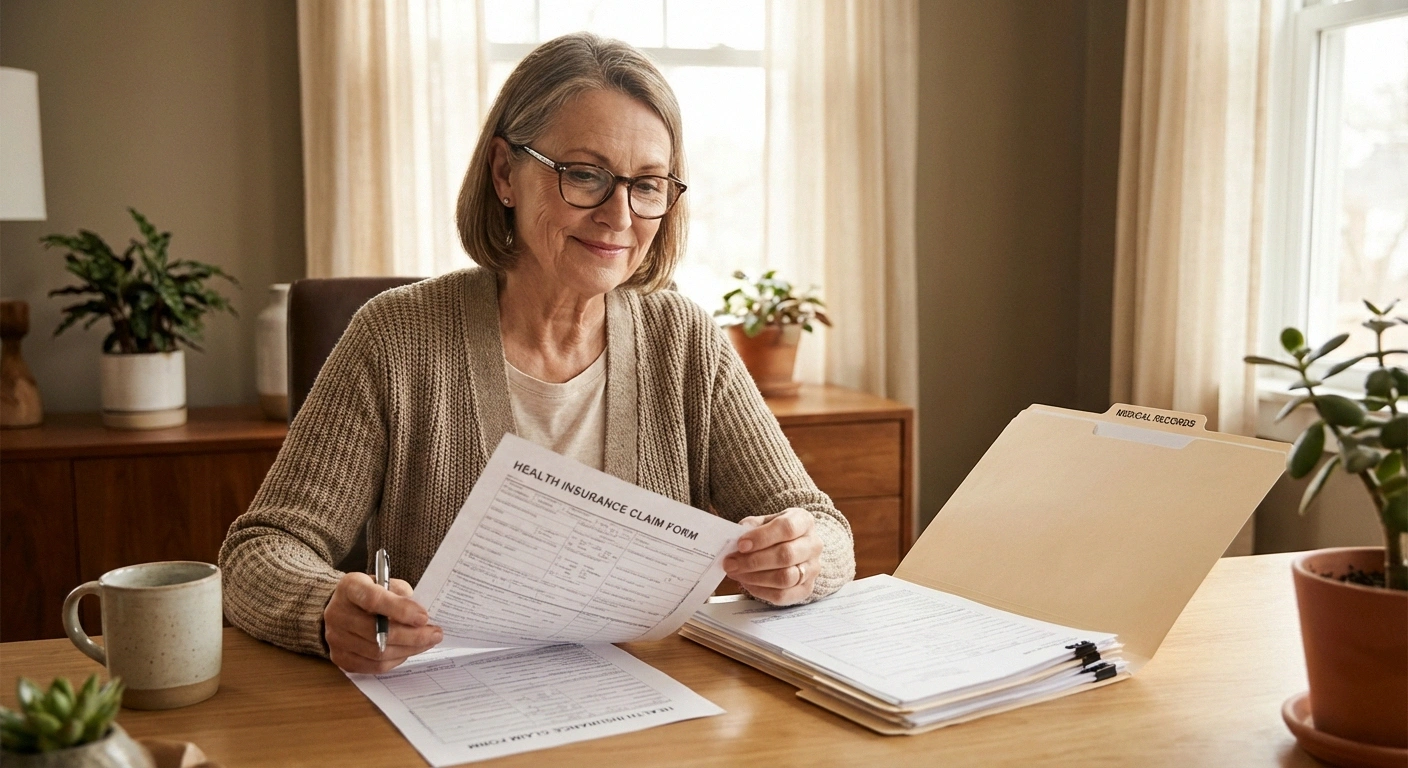 Neuropathy patient confidently reviewing insurance documents and taking control of their coverage appeals