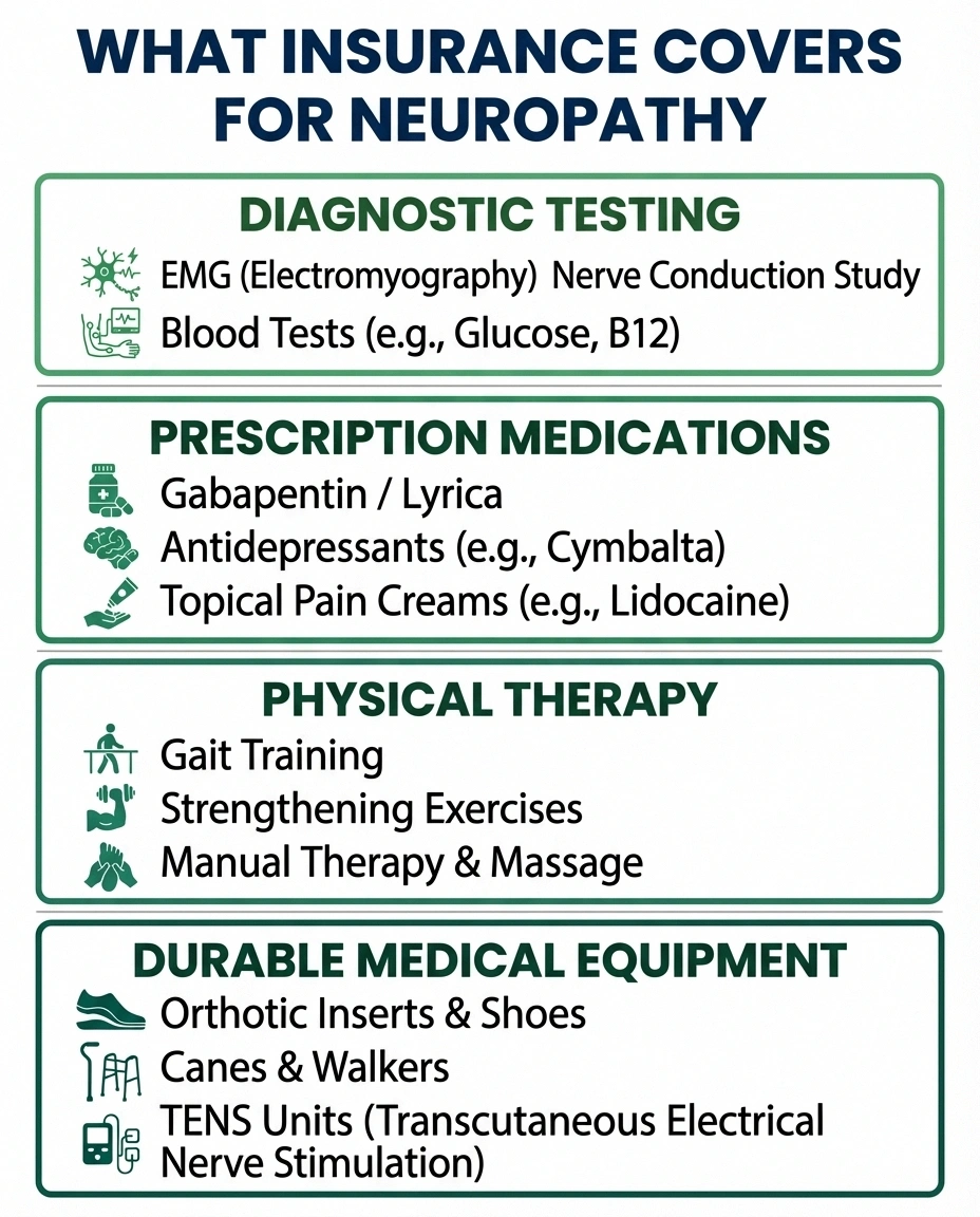Infographic showing four categories of insurance coverage for neuropathy treatment