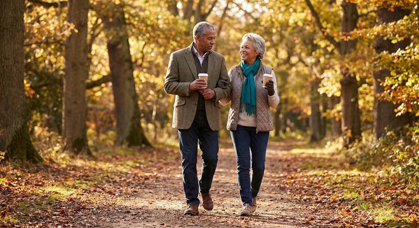 Older couple walking and talking on a park path — the kind of low-pressure setting for honest conversations.