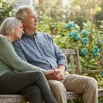Older couple holding hands on sunlit porch — a warm, companionable moment that captures intimacy beyond physical.