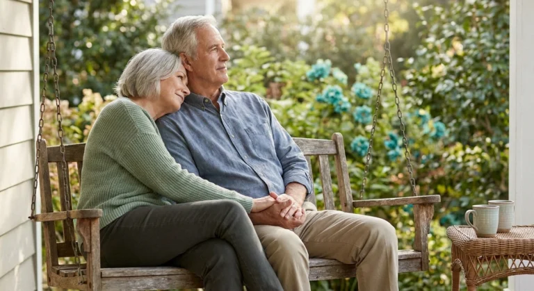 Older couple holding hands on sunlit porch — a warm, companionable moment that captures intimacy beyond physical.