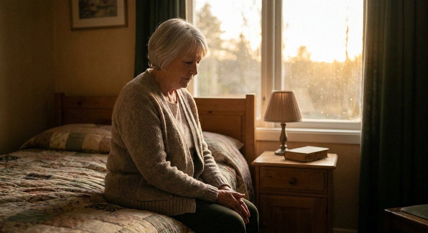 Older woman sitting quietly on edge of bed — reflecting the emotional weight chronic pain brings to intimacy.