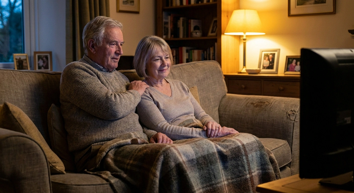 Older husband gently rubbing his wife's shoulder on the couch — an example of non-sexual touch that keeps couples connected through chronic pain.