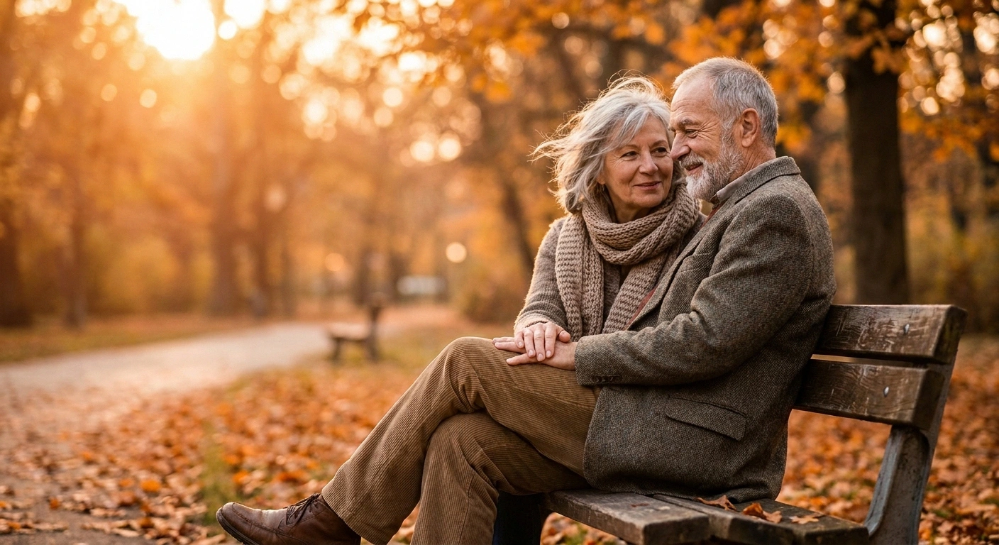 Older couple sharing a peaceful moment on a park bench at golden hour — intimacy doesn't end with neuropathy, it finds a new shape.