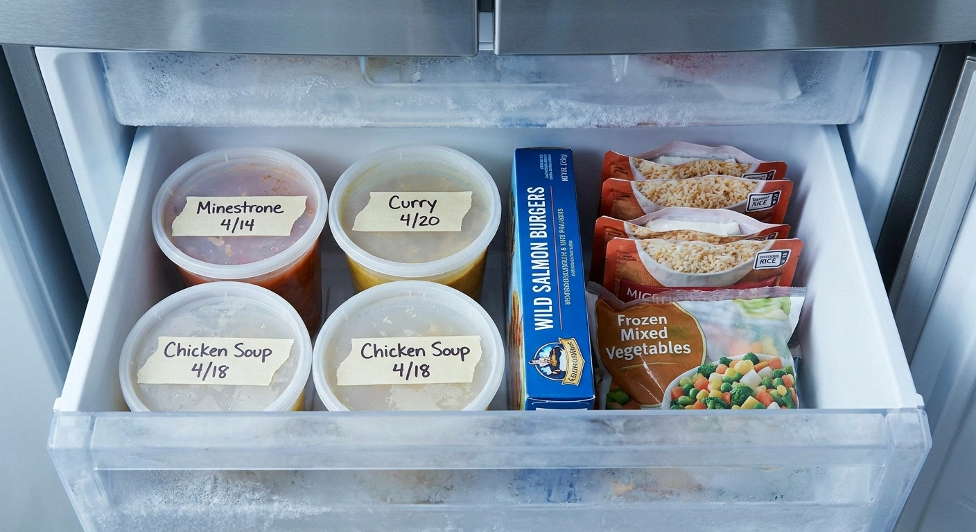An organized freezer with labeled quart-sized soup containers, frozen salmon burgers, and microwave rice pouches — the flare-day meal backup.
