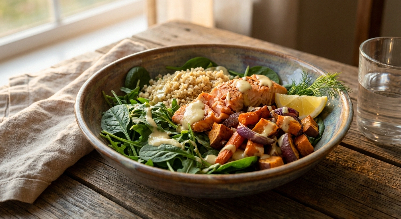 A composed grain bowl of greens, quinoa, flaked salmon, roasted vegetables, and lemon-tahini drizzle — assembled in five minutes from the Sunday prep.