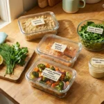 Overhead view of a Sunday meal-prep counter — quinoa, salmon, roasted vegetables, leafy greens, and tahini sauce arranged in glass containers ready for the week.