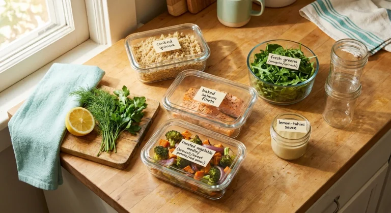 Overhead view of a Sunday meal-prep counter — quinoa, salmon, roasted vegetables, leafy greens, and tahini sauce arranged in glass containers ready for the week.