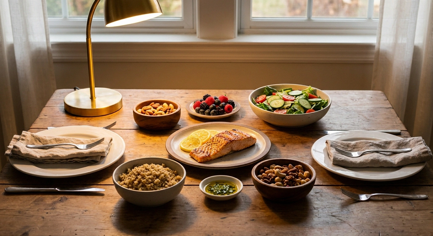 A Mediterranean dinner table laid with salmon, quinoa, salad, olive oil, nuts, and berries — the eating pattern that the meal-prep system delivers.