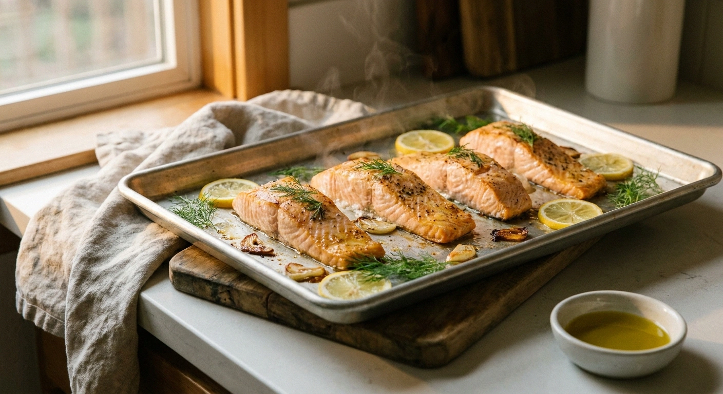 A sheet pan of four roasted salmon fillets with lemon and dill — the protein building block of the weekly meal prep.
