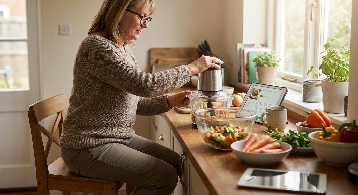 An older woman seated on a kitchen stool using a small food processor to chop vegetables — the hand-friendly Sunday prep posture.