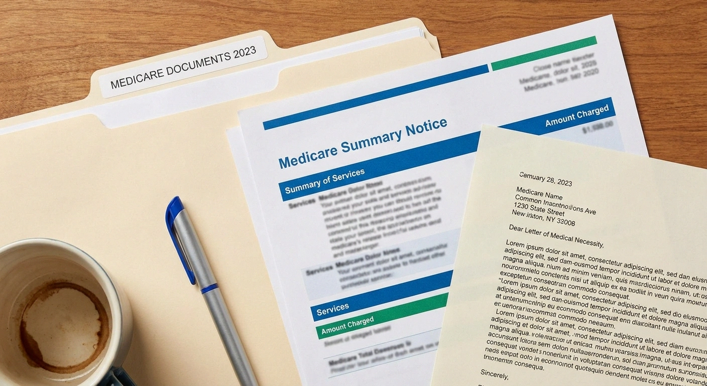 Overhead view of Medicare appeal documents, a folder, and a pen organized on a wooden desk