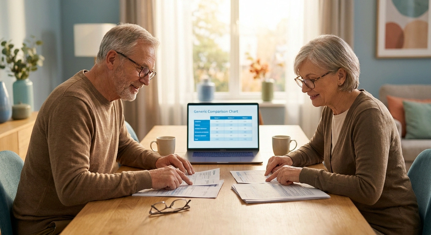 Older couple at dining table comparing Medicare plan options with paperwork and a laptop