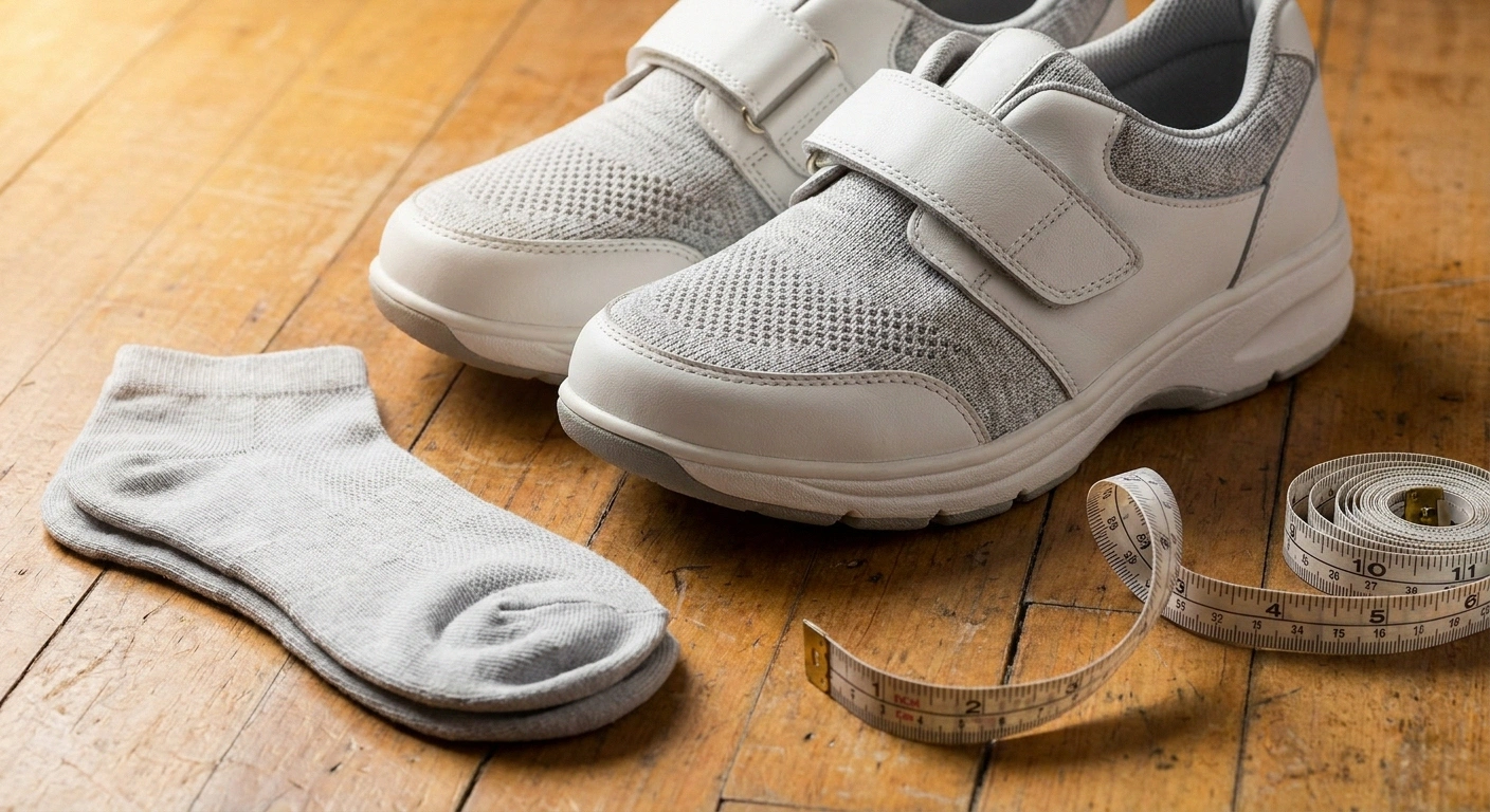 Pair of therapeutic diabetic shoes with cushioned sole and wide toe box on a wood floor