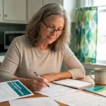Older woman reviewing Medicare paperwork at her kitchen table with reading glasses and a notebook