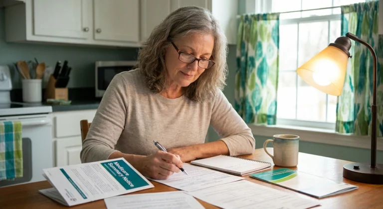 Older woman reviewing Medicare paperwork at her kitchen table with reading glasses and a notebook