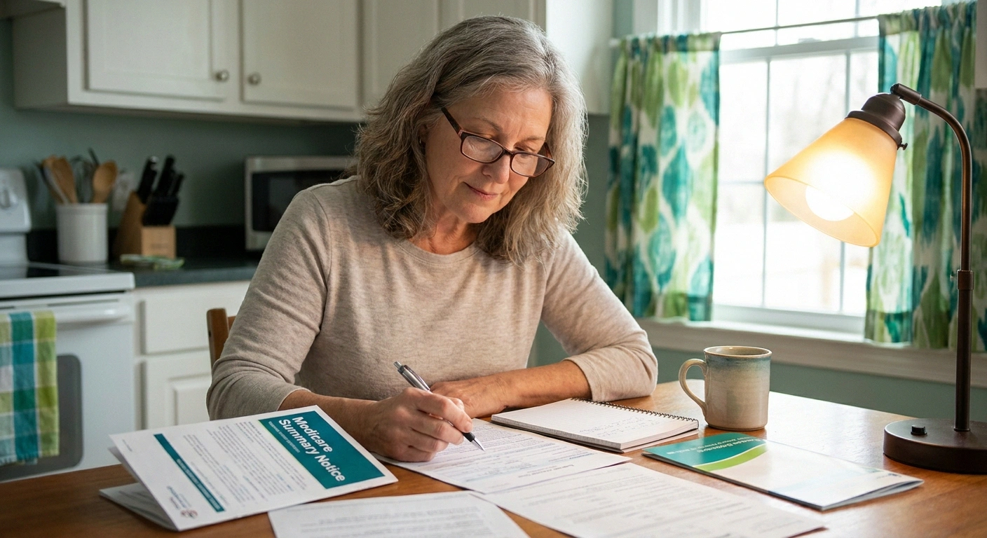 Older woman reviewing Medicare paperwork at her kitchen table with reading glasses and a notebook
