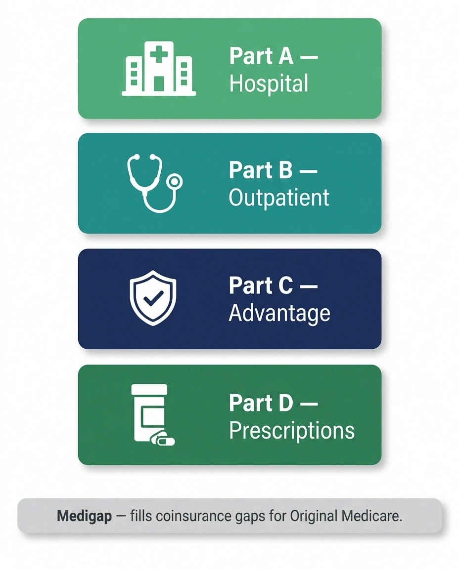 Infographic showing the four parts of Medicare — A, B, C, D — with brief coverage descriptions