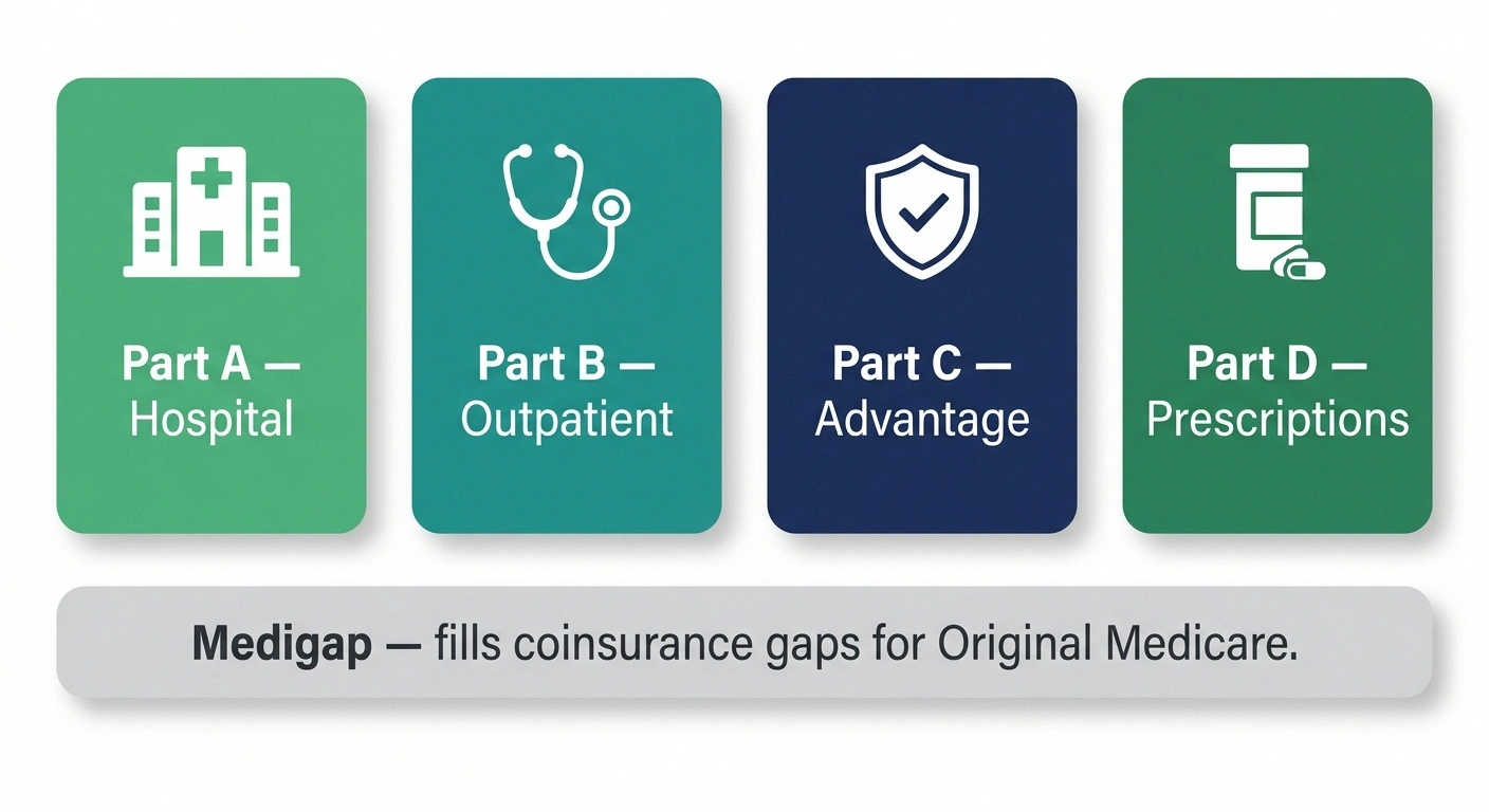 Infographic showing the four parts of Medicare — A, B, C, D — with brief coverage descriptions