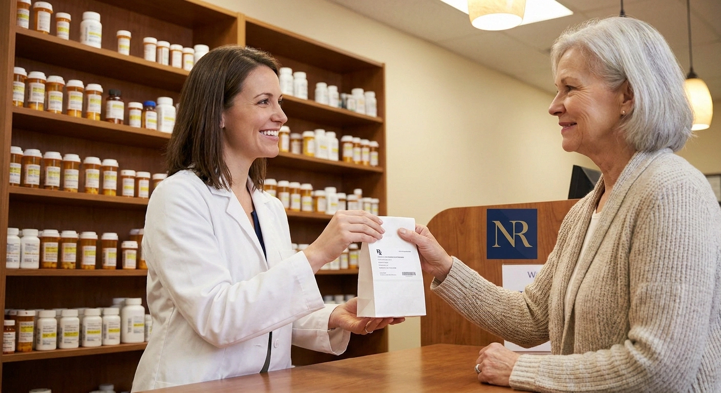 Pharmacist handing a prescription bag to an older woman at a community pharmacy counter