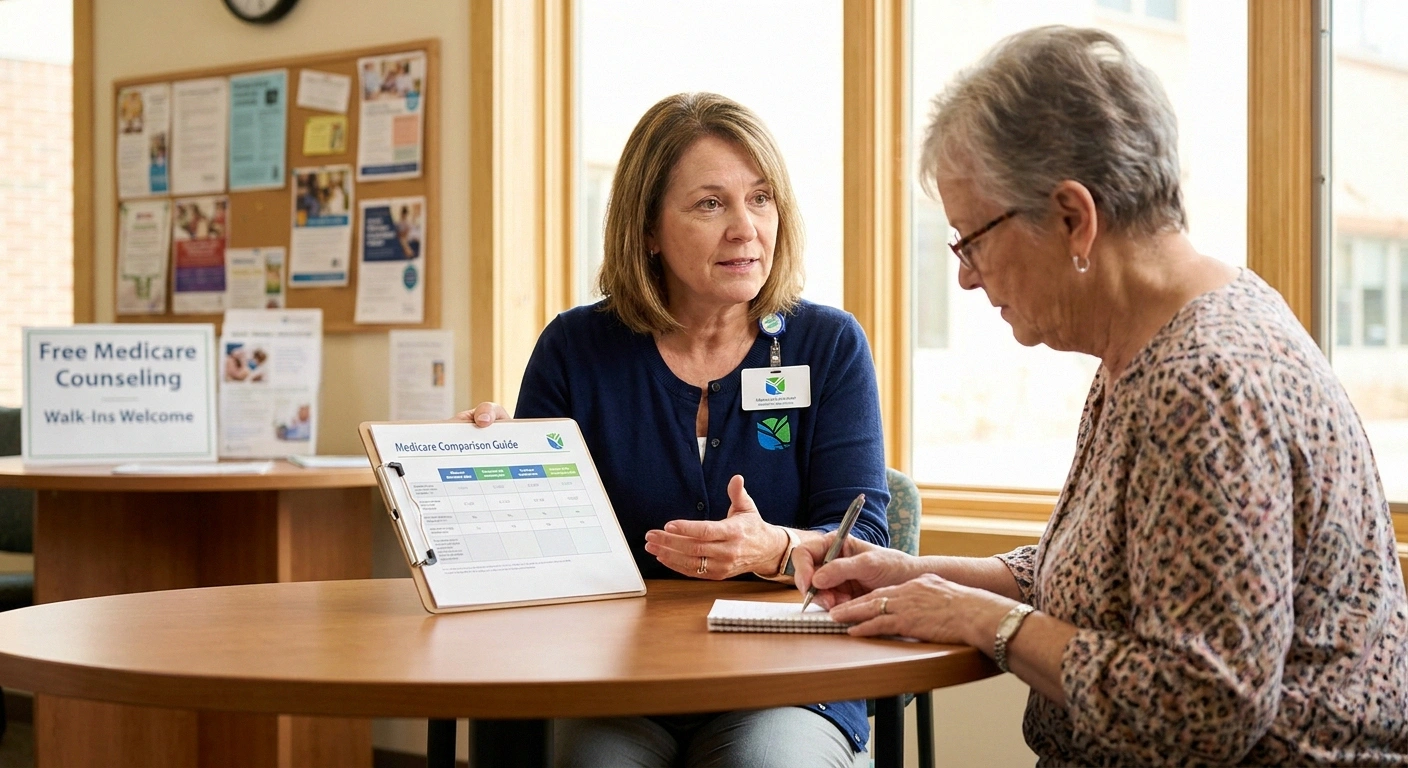 Medicare counselor explaining coverage options to an older woman in a community office
