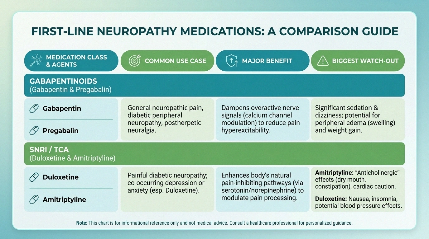 Comparison chart of first-line medications commonly used for neuropathy pain