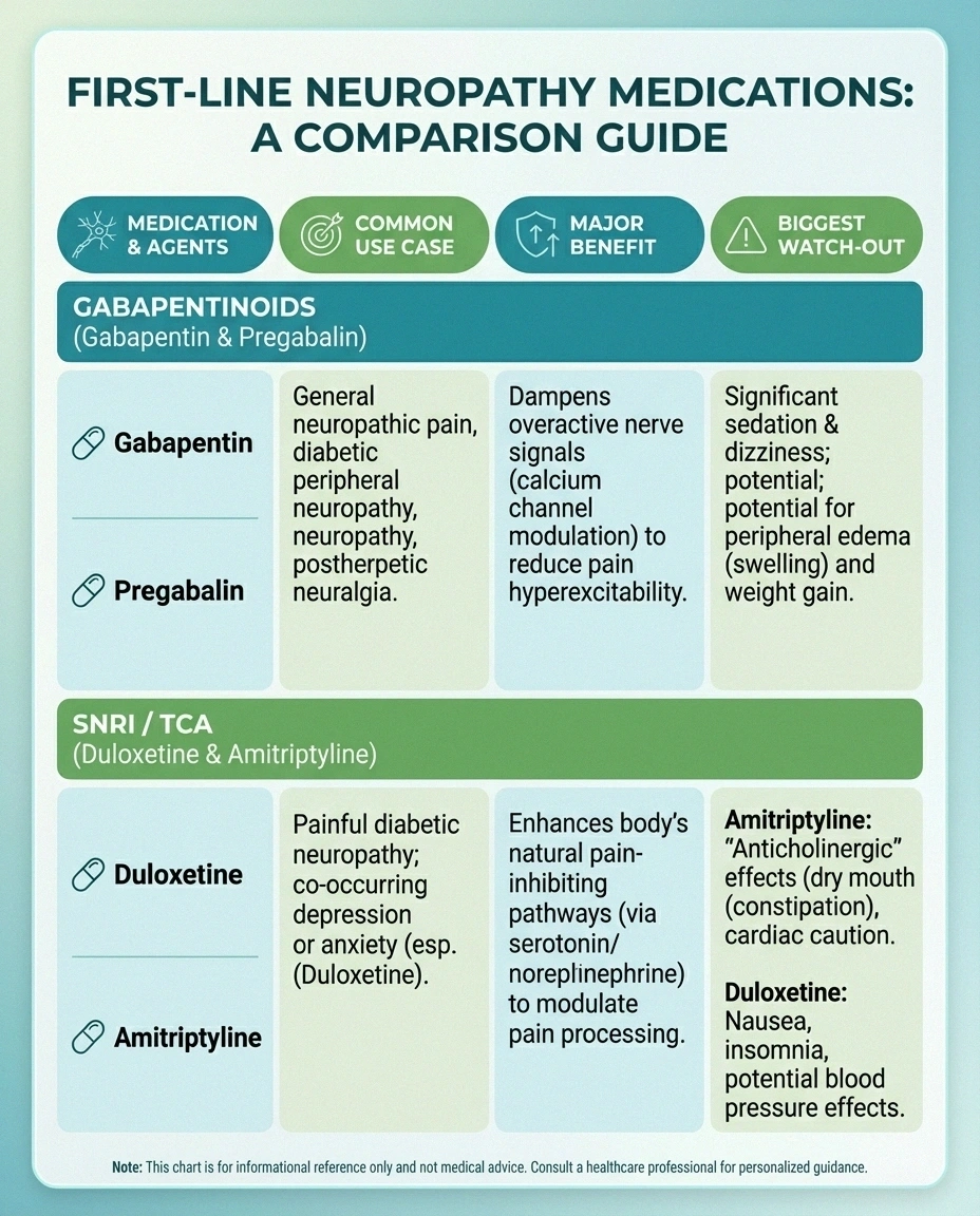 Comparison chart of first-line medications commonly used for neuropathy pain