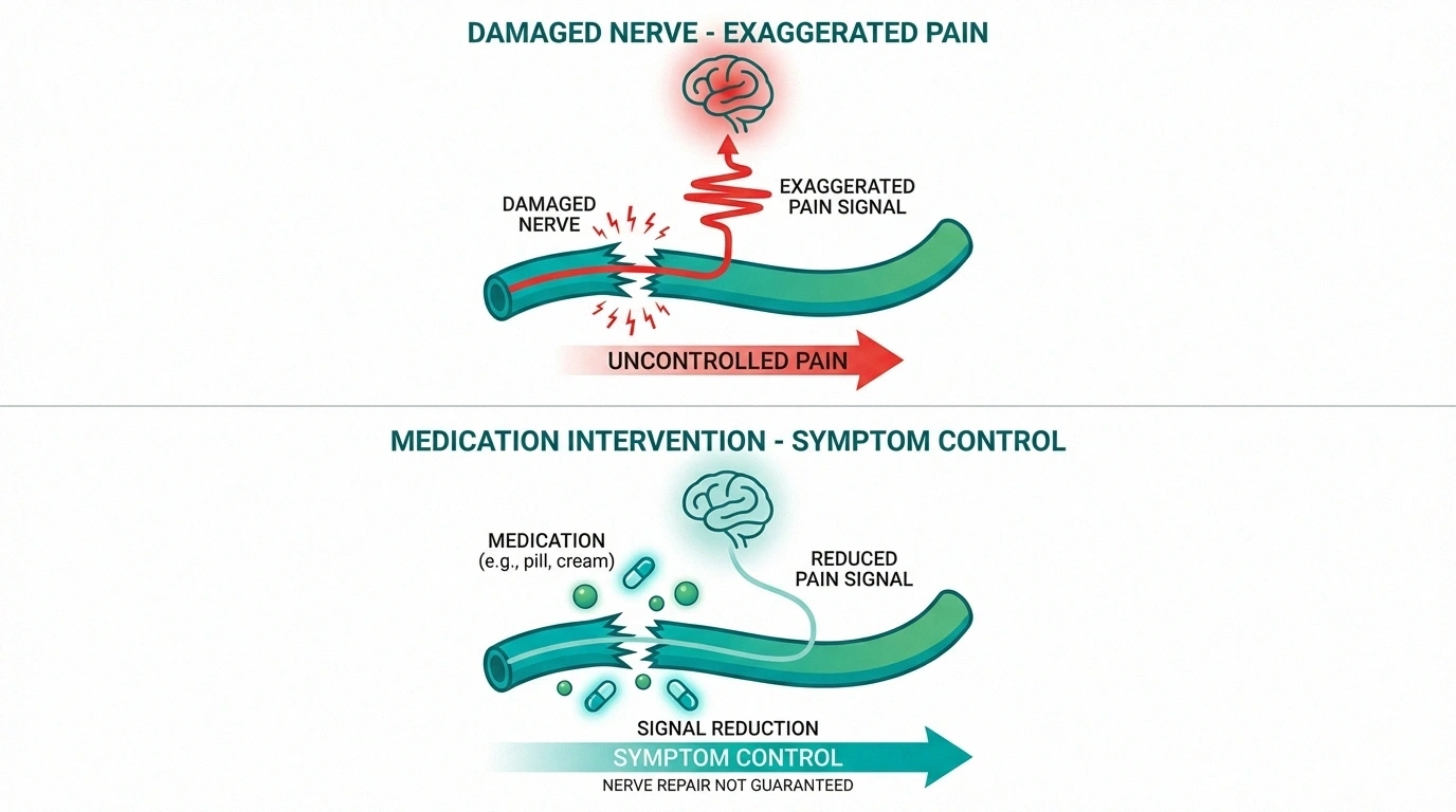 Infographic showing how neuropathy medications reduce pain signaling without necessarily repairing nerves