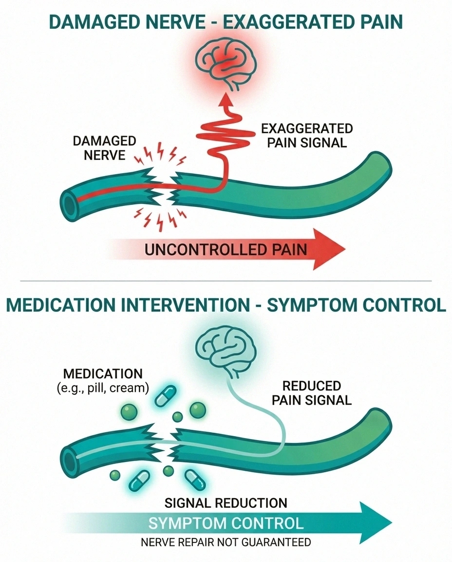 Infographic showing how neuropathy medications reduce pain signaling without necessarily repairing nerves
