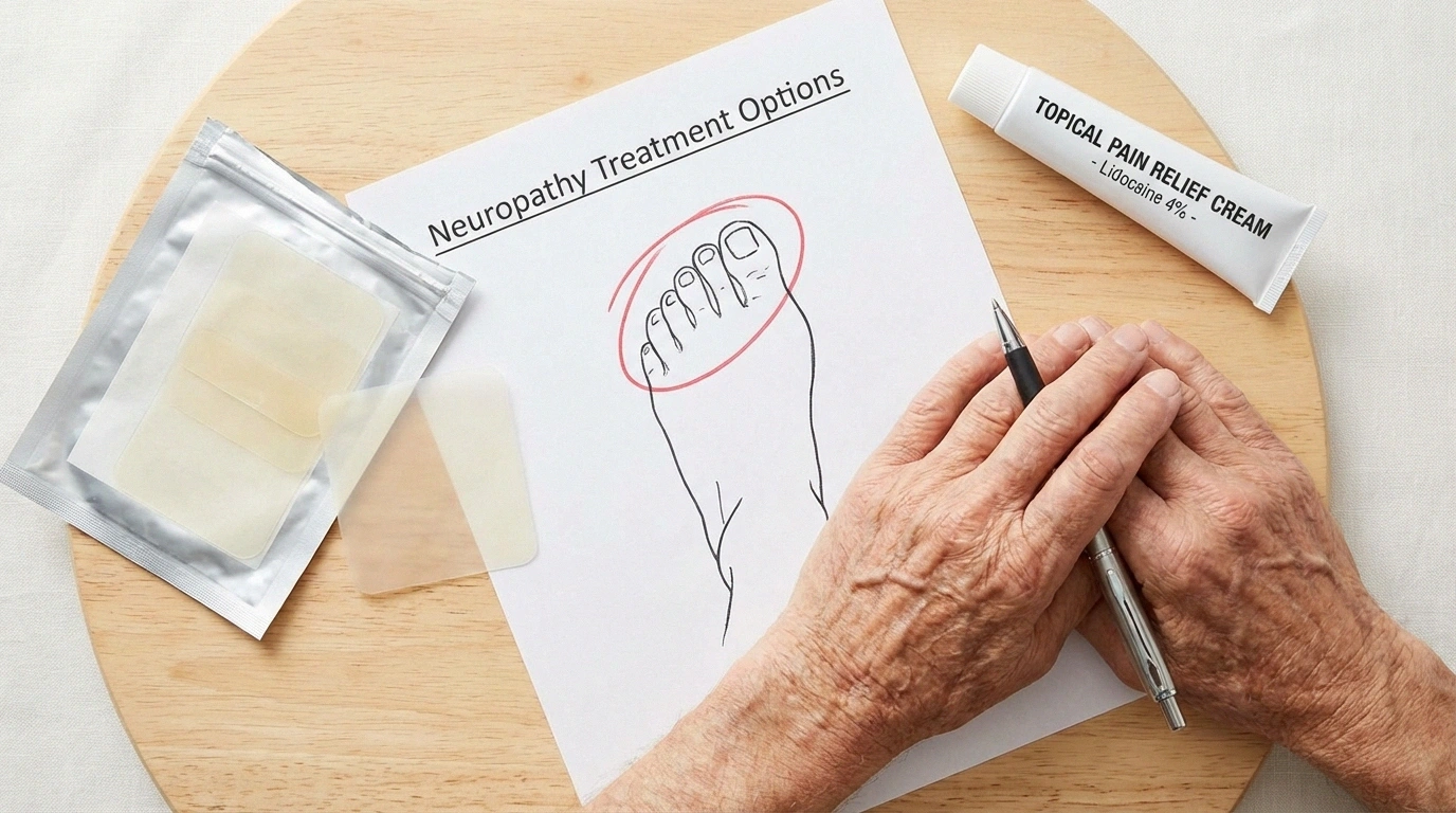 Topical treatment options for localized neuropathy pain including lidocaine patches and cream