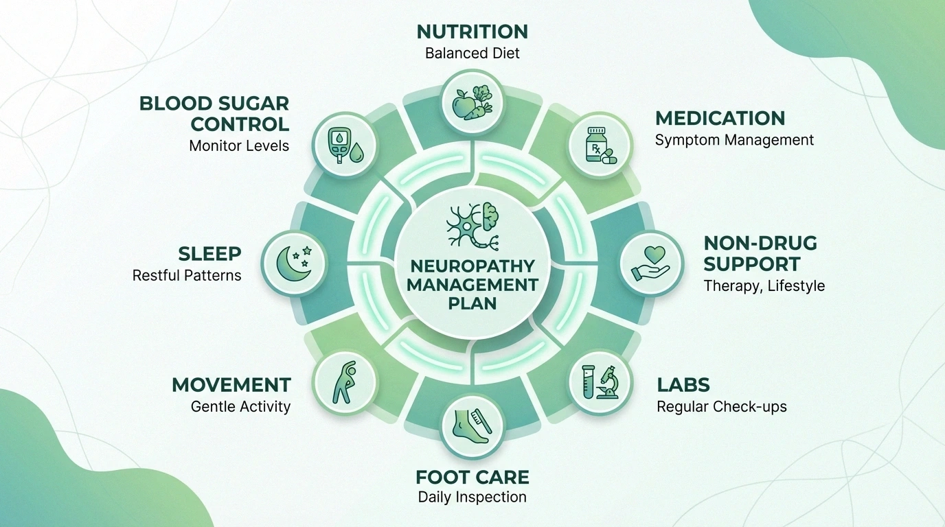 Infographic showing medication as one part of a complete neuropathy management plan