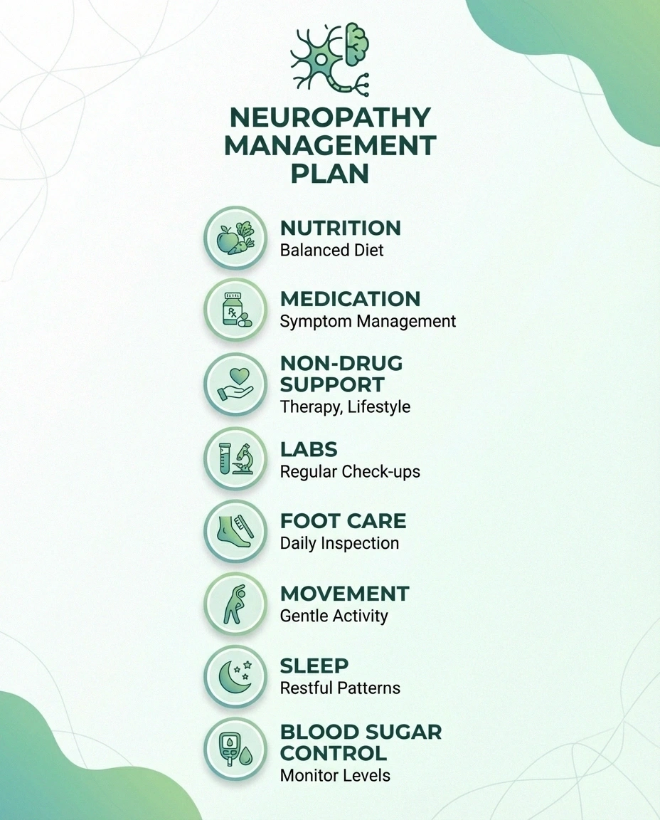Infographic showing medication as one part of a complete neuropathy management plan