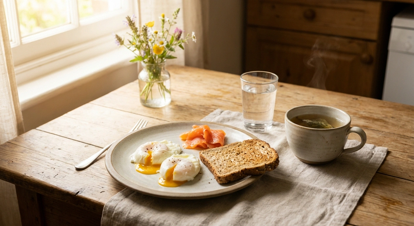 Nerve-nourishing breakfast for neuropathy with eggs, salmon, and whole grain toast for B12 and protein