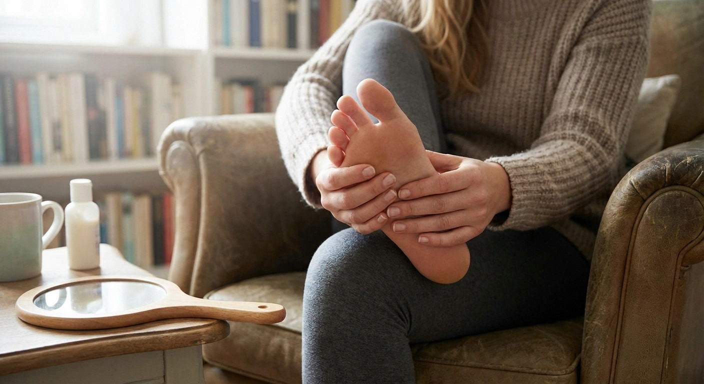 Woman performing daily foot inspection for neuropathy, checking for cuts or pressure sores