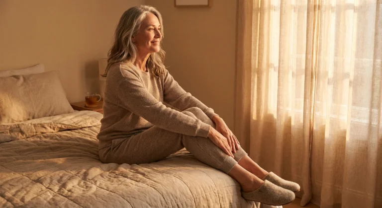 Woman with neuropathy sitting on bed edge in morning, slippers on, using staged transition before standing