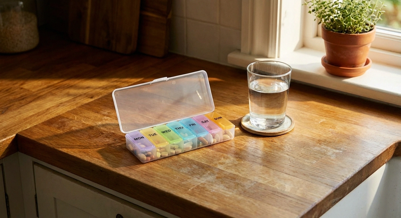 Organized weekly pill dispenser for consistent neuropathy medication timing in morning routine