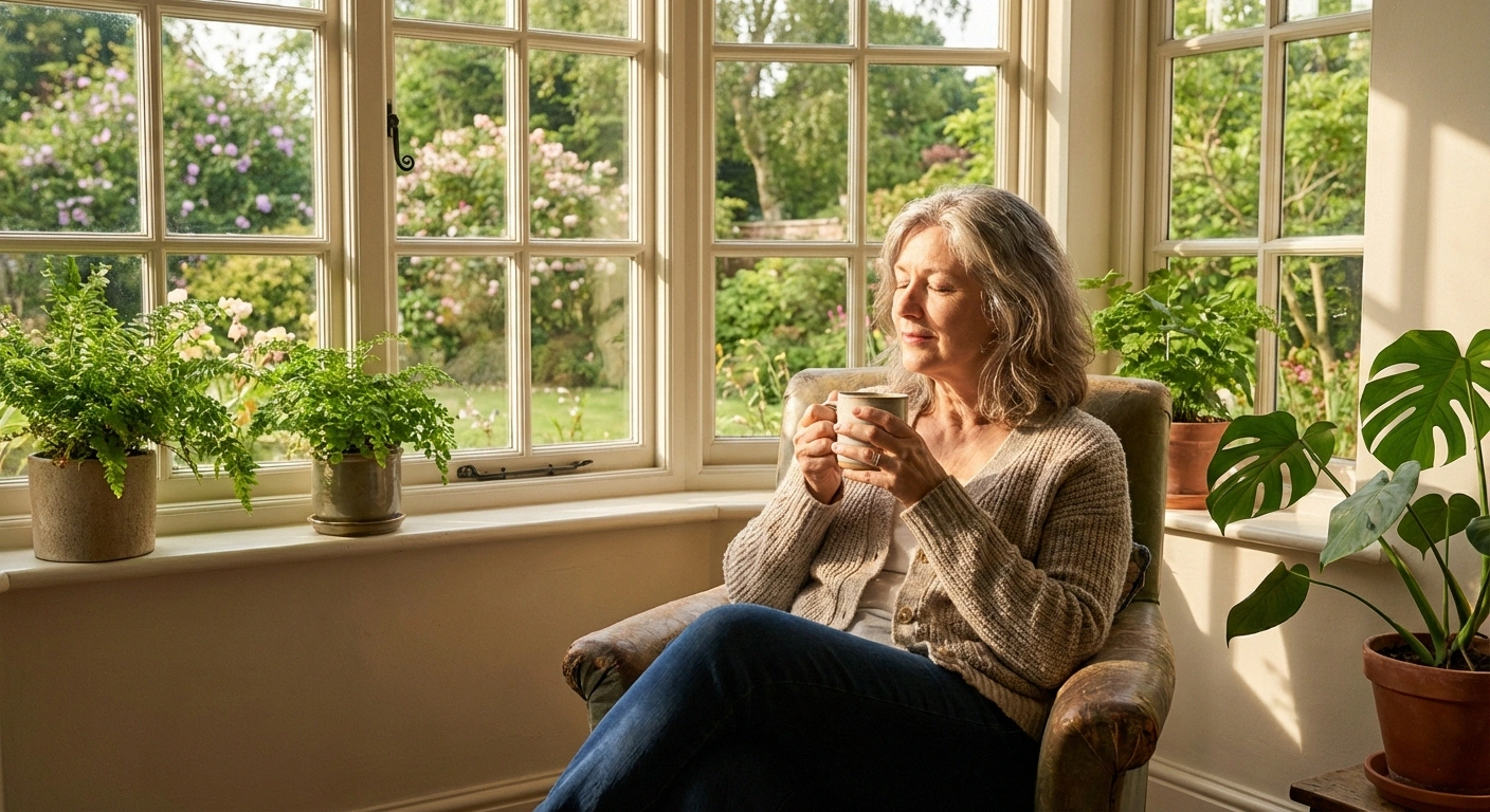 Woman with neuropathy getting morning light exposure by window to support circadian rhythm and sleep quality