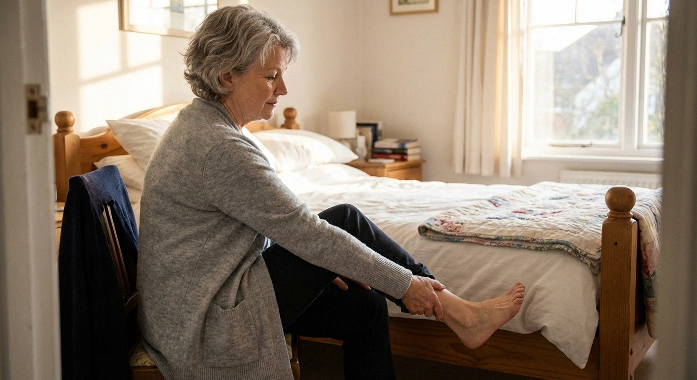 Woman doing gentle seated ankle exercises in morning as part of neuropathy morning routine