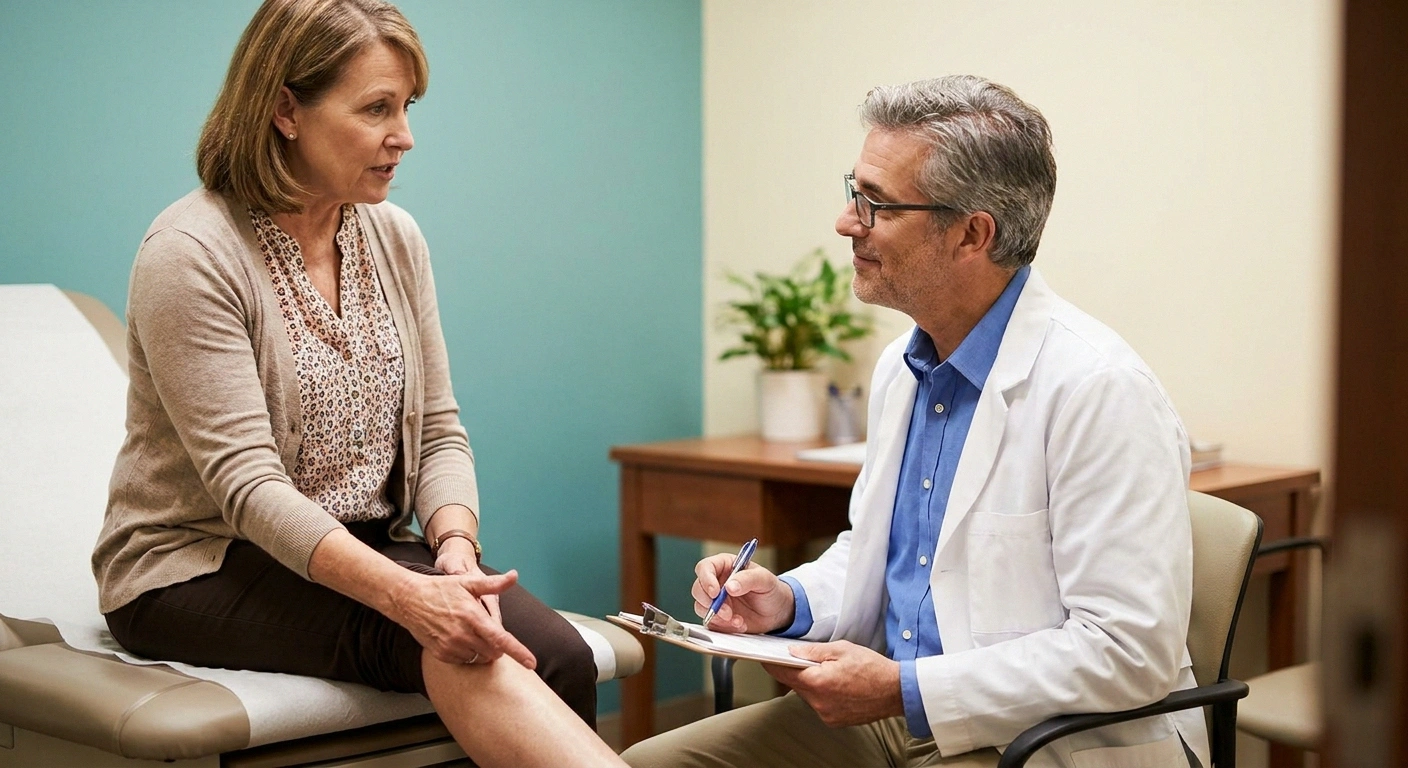 A patient describes her cramping pattern to her doctor in a warm exam room — the conversation that often catches medication-driven cramps.