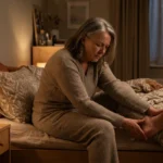An older woman sitting on the edge of a bed at night, gently stretching her calf to release a muscle cramp.